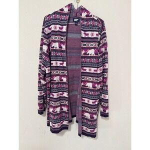 Lands End Cardigan Womens 3X Purple Fair Isle Polar Bear Moose Cotton Open Front